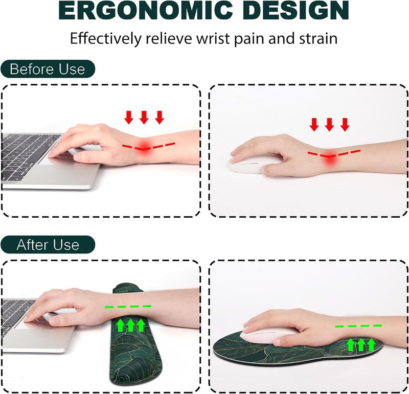 JIGOO Ergonomic Mouse Pad with Wrist Rest and Keyboard Wrist Rest, Mousepad and Wrist Rest for Computer Keyboard, Pain Relief, Non-Slip Base, Mouse Pad Wrist Support for Gaming, Office, Green Palm Leaf - Image 2